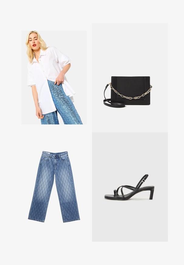 White short-sleeve button-up shirt with a collar, paired with blue sequined pants, featuring a loose fit and smooth fabric texture.; Wide-leg denim jeans in light blue with a quilted diamond pattern, featuring five pockets and a button closure at the waist.; Black strappy sandal with a square toe and a low block heel. Features multiple thin straps and an adjustable ankle strap. Made of smooth leather.; Black leather crossbody bag featuring a smooth texture, rectangular shape, and a metallic chain detail on the front. Adjustable strap included.