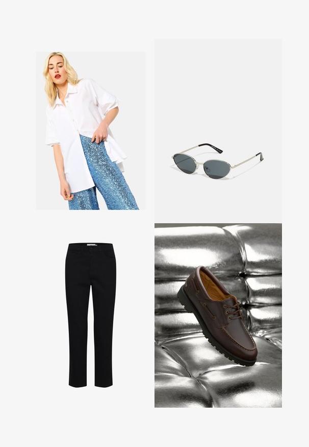 Balta trumpų rankovių marškinėliai su apykakle, derinami su mėlynomis blizgučių kelnėmis, pasižyminčiomis laisvu siluetu ir lygia audinio tekstūra.; Juodos medvilnės kelnes, sukurtas su tiesiu kirpimu. Turi penkis kišenes ir priekinį mygtuko uždarymą. Lygus paviršius, minimalūs siuvimo detalės.; Rudi odos boat bateliai su juodu guminio pado, atsiradę ant blizgaus metalinio sidabrinio gobtumo paviršiaus.; Metaliniai saulės akiniai su ovaliais tamsiais objektyvais ir sidabriniais rėmeliais. Yra plonios šventyklos su juodais akcentais ir skaidrūs nosies pagalvėlės.