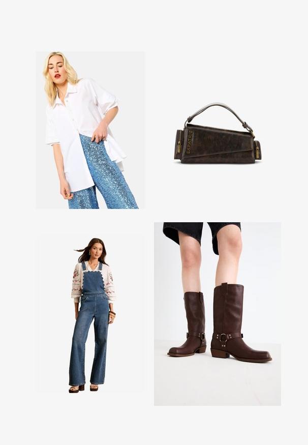Bílá košile s krátkým rukávem a límečkem, spárovaná s modrými flitrovými kalhotami, které mají volný střih a hladkou texturu látky.; Džínové šortky s vlnkovým designem na přední části, rozšířenými nohavicemi a bočními kapsami. V kombinaci s bílou vyšitou blůzou a dřevěnými doplňky.; Hnědé kožené vysoké boty ke kolenům s kulatou špičkou, texturovaným povrchem, řemínkem kolem kotníku a detailem ze stříbrného kovu; na podpatku.; Hnědá kožená kabelka s geometrickým designem, vybavená horním uchy a mosaznými zipovými detaily. Logo je vyraženo na boku.