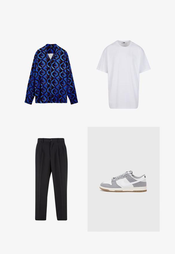 Blauw en bruin gestreept shirt met een kraag, met golvende ontwerpen en bloemaccenten. Lange mouwen en knoopsluiting.; Witte katoenen t-shirt met korte mouwen, ronde hals, relaxte pasvorm en zonder zichtbare logo's of patronen. Gladde textuur en minimalistisch ontwerp.; Zwarte broek met een geplooid design aan de voorkant, gemaakt van soepel stof. Voorzien van een knoopsluiting en riemlussen; rechte pasvorm.; Grijze en witte sneaker met een bovenwerk van suede en leer, ronde neus, platte veters en een rubberen zool met een gumaccent.