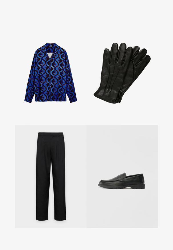 Kék és barna mintás ing, gallérral, hullámos mintákkal és virágos elemekkel. Hosszú ujjú, gombos záródású.; Fekete nadrág sima anyagból, egyenes szárú fazonnal, két elülső redővel és közönséges derékkal, övhurkokkal.; Fekete bőr mokaszinok sima felülettel, a mokaszin stílusú felsőrésszel, varrott részletezéssel és gumitalppal. Klasszikus dizájn alacsony sarokkal.; Fekete bőr kesztyűk sima textúrával, öt ujjal és diszkrét varrási részletekkel. Klasszikus dizájn, hideg időjárásra alkalmas.