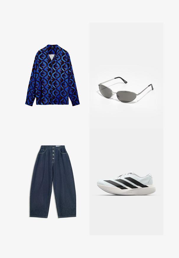 Modrá a hnedá košeľa s vzorom a golierom, s vlnitými motívmi a kvetinovými akcentmi. Dlhé rukávy a zapínanie na gombíky.; Tmavomodré denimové nohavice s širokými nohavicami a vysokým pásom, zapínanie na päť gombíkov a päť vreciek. Obsahuje prešívanie na švoch.; Ľahké bežecké topánky v svetlomodrej farbe s čiernymi pruhmi. Majú hladký zvršok, okrúle špičky a hrubú bielu medzipodrážku označenú "LIGHTSTRIKE PRO."; Slnečné okuliare s elegantným, strieborným kovovým rámom, sivými tónovanými sklami a aerodynamickým dizajnom s ostrými hranami a tenkými rámikmi.