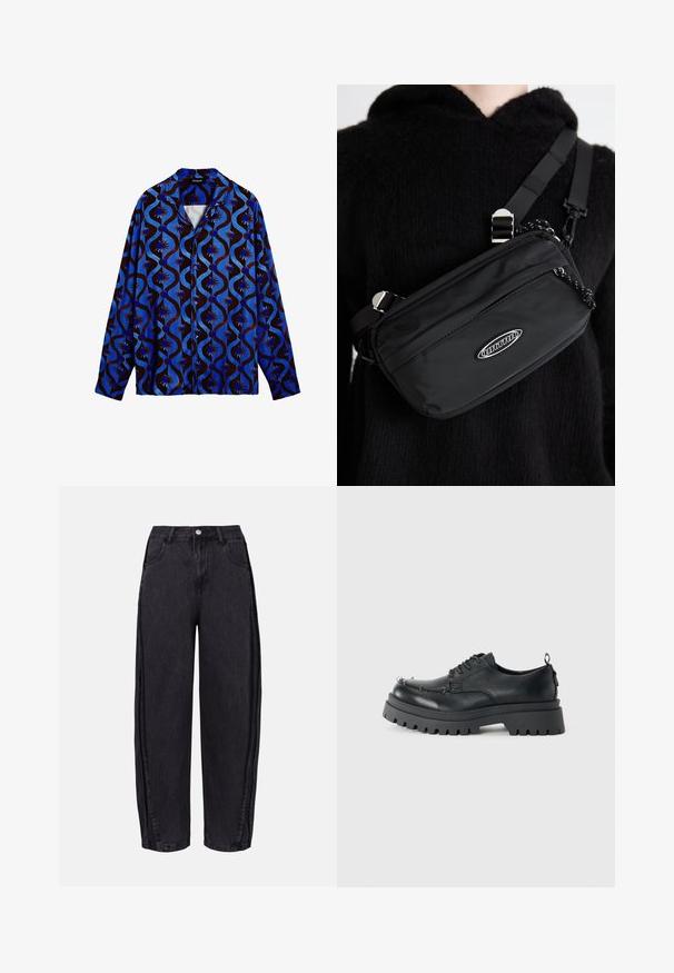 Košile s modro-hnědým vzorem a límcem, s vlnitými motivy a květinovými akcenty. Dlouhé rukávy a zapínání na knoflíky.; Černé široké džíny vyrobené z denimu s hladkou texturou. Mají vysoký pas, přední kapsy a zapínání na knoflík v pase.; Černá robustní kožená šněrovací bota s tlustou odolnou podrážkou a metalovými očky v oblasti prstů, vyfocena na jednobarevném světlém pozadí.; Černá nylonová krosbody taška s nastavitelným popruhem, s hladkou texturou, přední kapsou na zip a akcentem loga.