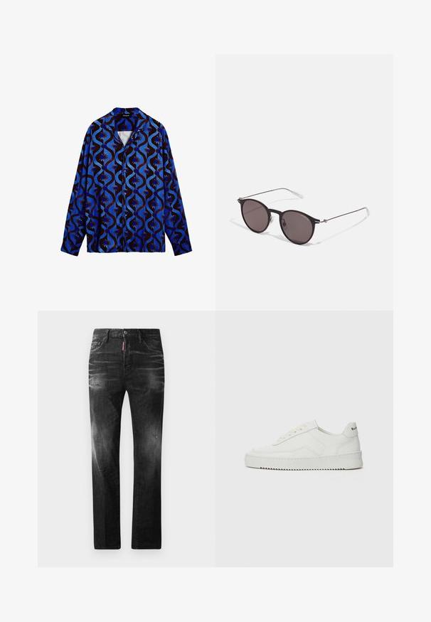 Blauw en bruin gestreept shirt met een kraag, met golvende ontwerpen en bloemaccenten. Lange mouwen en knoopsluiting.; Zwarte denim jeans met een rechte pasvorm. Beschikt over vervaagde gebieden, lichte slijtage, klassiek vijf-pocket ontwerp en een knoopsluiting.; Witte leren sneaker met een gladde afwerking, ronde neus, platte veters en een gestructureerde zool. Kenmerkt zich door een subtiel logo op de hiel.; Zwarte ronde zonnebril met donkere lenzen en slanke metalen armen. Inclusief heldere tempelpunten en zilveren accenten bij de scharnier. Minimalistisch ontwerp.