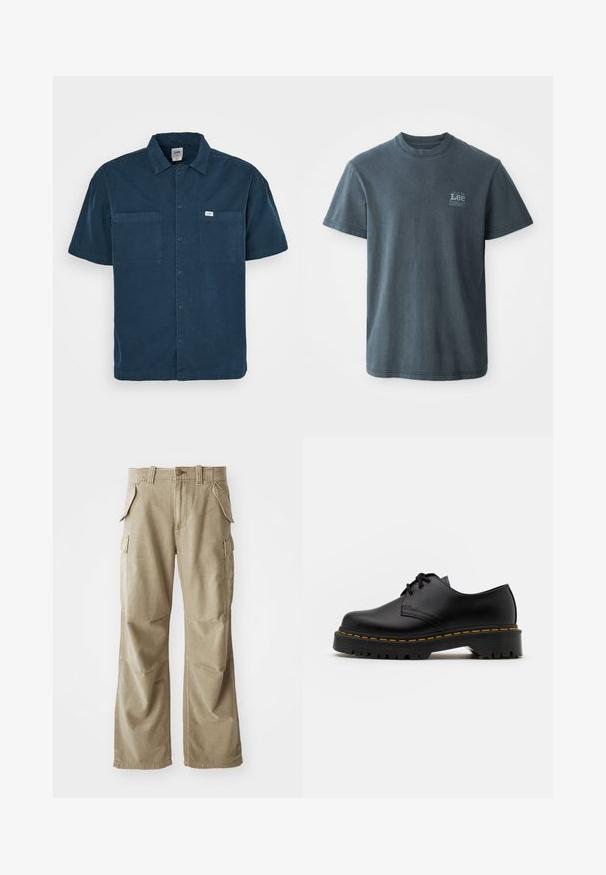 Kurzarm-Hemd in Marineblau aus Baumwolle, mit einem Kragen, zwei Brusttaschen und einem kleinen Etikett auf der linken Seite.; Dunkelgraues Baumwoll-T-Shirt mit Rundhalsausschnitt, kurzen Ärmeln und einem kleinen aufgedruckten Logo auf der linken Seite. Klassische Passform mit geradem Saum.; Beige Cargo-Hose aus strapazierfähigem Material, mit lockerer Passform, mehreren Seitentaschen und verstärkten Knien. Flach geschnittenes Design.; Schwarze Leder Schnürschuhe mit runder Spitze, strukturiertem Gummisohle und gelben Nähten um den Rand. Flaches Design und glatte Oberfläche.