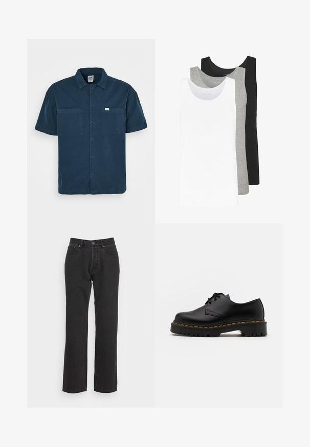 Kortärmad marinblå skjorta i bomull, med krage, två bröstfickor och en liten etikett på vänster sida.; Tre linnen i vitt, grått och svart. Varje linne har en klassisk ärmlös design, tillverkat av lätt bomullstyg med ribbad struktur.; Svarta denimjeans med rak benmodell, med en framknäppning, bälteshällor och två sidofickor. Texturerad tyg.; Svart läder snörsko med rundad tå, texturerad gummisula och gul söm runt basen. Platt design och slät yta.