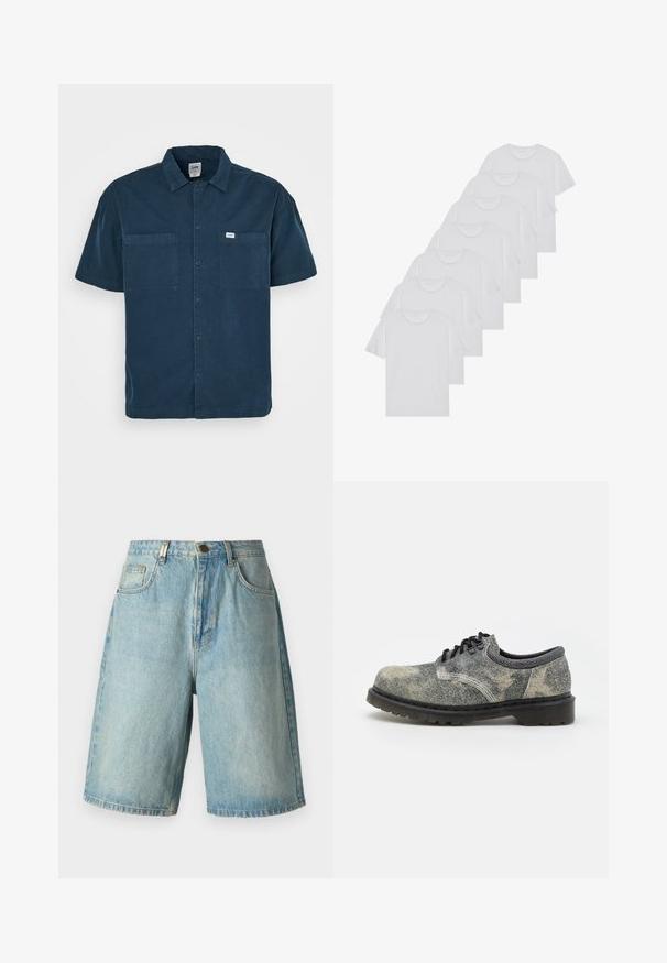 Lyhythihainen tummansininen paita, joka on valmistettu puuvillasta. Paidassa on kauluskanti, kaksi rintataskua ja pieni etiketti vasemmalla puolella.; Valkoiset puuvillapaidat, lyhyet hihat, pyöreä kaula-aukko, yksinkertainen pinta, pinottuina riviin, jossa on hienoinen brändäys kaula-aukossa.; Vaaleansiniset farkkushortsit, joissa on rento malli. Edessä on taskut, napitus ja haalistunut pesu, jossa on hienovaraisia kulutustyylit.; Valkava kengät, jotka on valmistettu teksturoidusta harmaasta kankaasta mustilla yksityiskohdilla, paksu kumipohja ja valkoiset ompeluyksityiskohdat. Pyöreä kärkipohjan muoto.