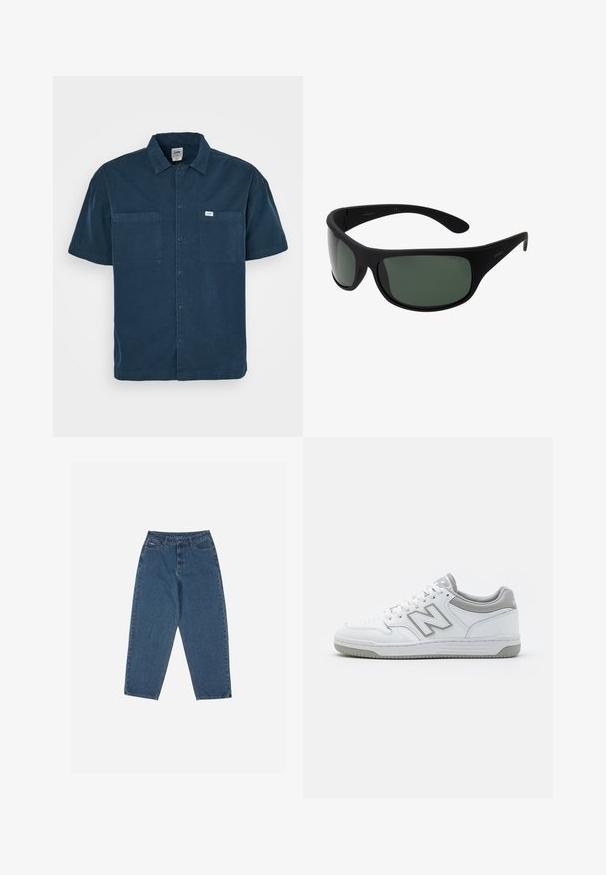 Tīkla piedurkņu tumši zilā krekls, izgatavots no kokvilnas, ar apkakles priekšpusi, divām krūšu kabatām un mazu etiķeti kreisajā pusē.; Melni bezpiedkakla topi trīs komplektā. Ribota tekstūra, standarta apaļā izgriezumā, bez piedurknēm. Apakšmalā ir neliela zīmola logo.; Zilā džinsu auduma bikses ar brīvu piegriezumu, augstu jostasvietu, piecu kabatu dizainu un šuvju akcentiem. Iekļauts pogu un rāvējslēdzēja aizdare.; Baltas ādas sporta apavi ar pelēkiem akcentiem, ar perforētu pirkstu daļu, plakanu šņorēšanu un rakstainu zoli. New Balance logo uz sāniem.; Melnas saulesbrilles ar tumši zaļām lēcām. Matēta apdare, izliekta forma, ar taisnām kājiņām un smalku zīmola logo sānos.