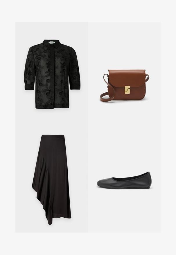 Black shirt with floral embroidery, long sleeves, and a collared neck. Sheer fabric with a textured finish and intricate detailing.; AERON ASTER SKIRT - Pencil skirt - black; Black leather ballet flat with a rounded toe, smooth texture, minimal stitching detail, and a flexible sole design.; Brown leather handbag with a flap closure, gold-tone hardware, a shoulder strap, and a smooth texture. Compact rectangular shape.
