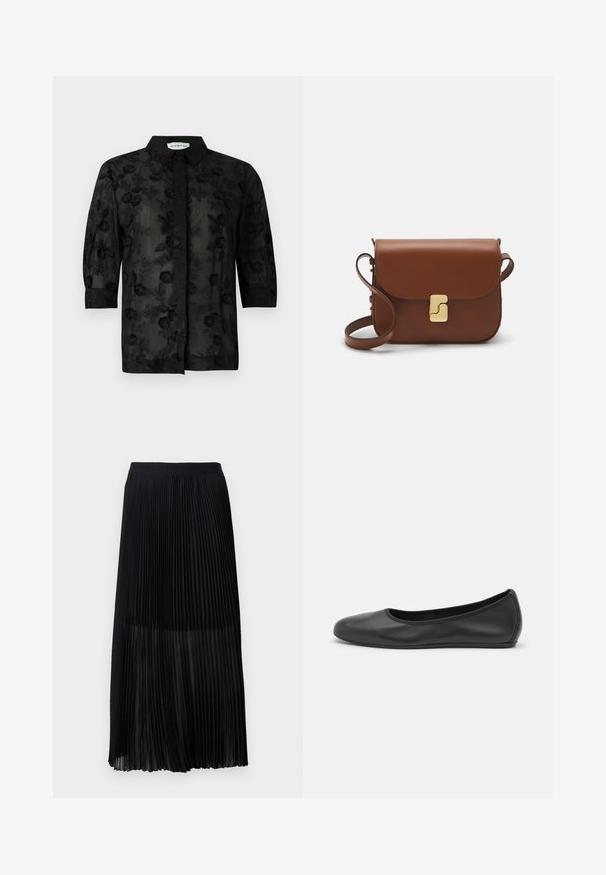 Camicia nera con ricami floreali, maniche lunghe e colletto. Tessuto trasparente con una finitura testurizzata e dettagli intricati.; Gonna midi plissettata nera con una cintura elastica liscia e sovrapposizione trasparente, caratterizzata da fini pieghe verticali su tutto il tessuto.; Pantofole da balletto nere in pelle con punta arrotondata, texture liscia, dettagli di cucitura minimi e design con suola flessibile.; Borsa a tracolla in pelle marrone con chiusura a pattina, hardware color oro, tracolla e una finitura liscia. Forma rettangolare compatta.