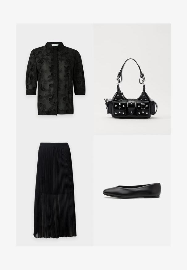 Crna košulja s cvjetnim vezom, dugih rukava i ovratnikom. Prozirna tkanina s teksturiranim završetkom i složenim detaljima.; Crna nabrana midi suknja s glatkim elastičnim pojasom i prozirnim preklopom, koja sadrži sitne vertikalne nabore kroz cijeli materijal.; Paul Smith TOPANGA - Balerinke - black; Crna kožna torba s zakrivljenim dizajnom, koja sadrži srebrne zakovice, kopču i dva bočna džepa. Podesiva traka za različite opcije nošenja.