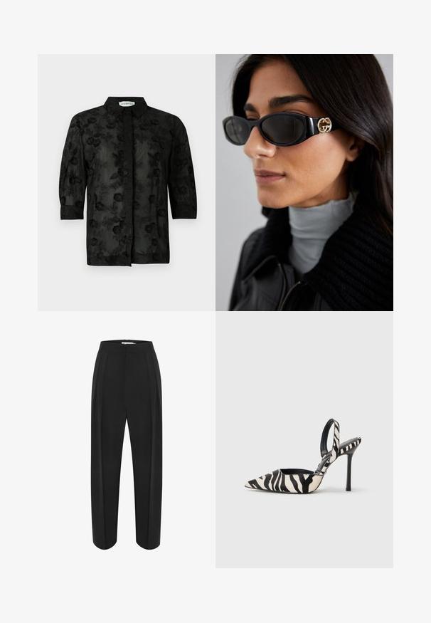 Must mustriga, lilledega tikandiga, pikad varrukad ja krae. Läbipaistev kude tekstuurse viimistlusega ja keeruka detailitööga.; Mustad kõrge vöökohaga mustad laiad püksid, millel on sile tekstuur ja kaks eesmist voltimist. Kujundatud puhta ja vormitud silueti järgi.; Kitsas varba, avatud kand ja peen kõrge konts musta ja kreemi värvi zebra mustriga, mille sees on must interjöör.; Mustad musternuga prillid, millel on ansamblil süsimust ristkülikukujuline raam ja külgedel kuldne logo. Tumeda objektiiviga ja läikiv viimistlus on silmatorkavad.; Must mustrask käekott mustast nahast, millel on hõljuv kuju ja lai õlavarre rihm. Omab tekstuuri, punutud mustrit, mis on sileda pinnaga.