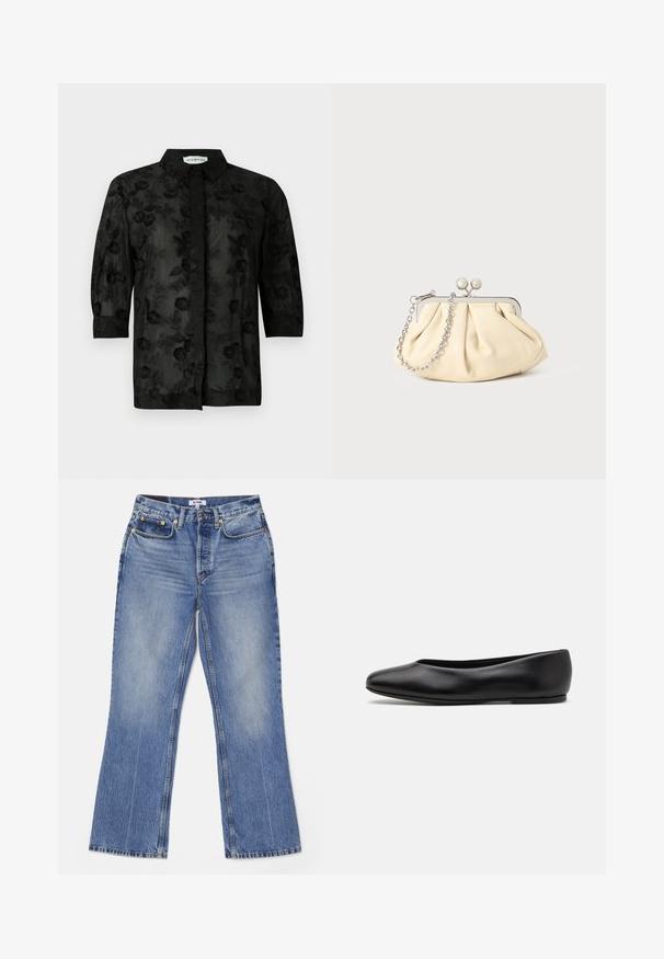 Black shirt with floral embroidery, long sleeves, and a collared neck. Sheer fabric with a textured finish and intricate detailing.; RE/DONE LOOSE - Bootcut jeans - hacienda; Paul Smith TOPANGA - Ballet pumps - black; Pleated beige leather clutch with a silver metal frame, featuring two round decorative clasps and a silver chain strap.