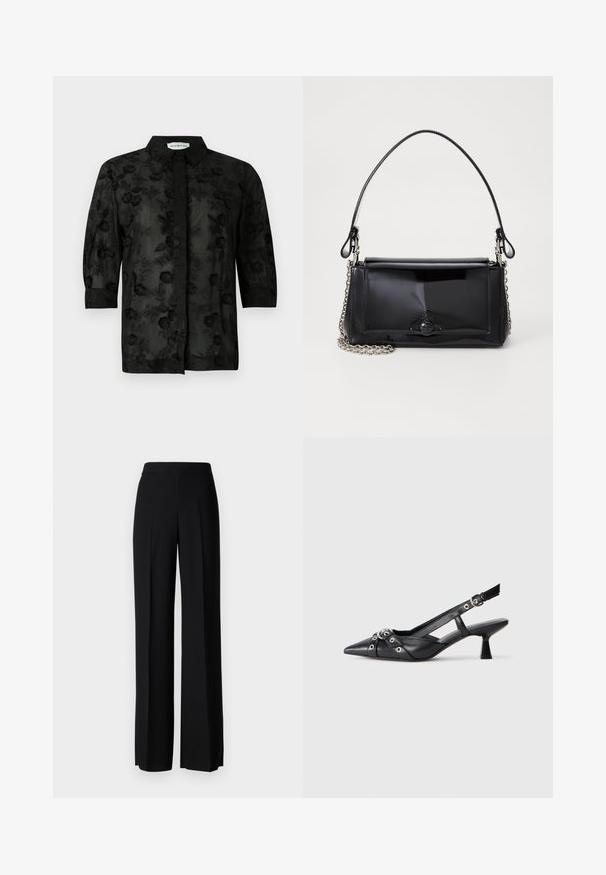 Black shirt with floral embroidery, long sleeves, and a collared neck. Sheer fabric with a textured finish and intricate detailing.; Black wide-leg trousers with a smooth texture, featuring a high waistband and center pleats. No visible patterns or hardware details.; Black leather slingback shoe with a pointed toe, decorative straps featuring metal eyelets, and a low block heel. Textured surface.; Black patent leather handbag with a rectangular shape, chain strap, and a distinctive hardware accent in the center. Smooth texture.