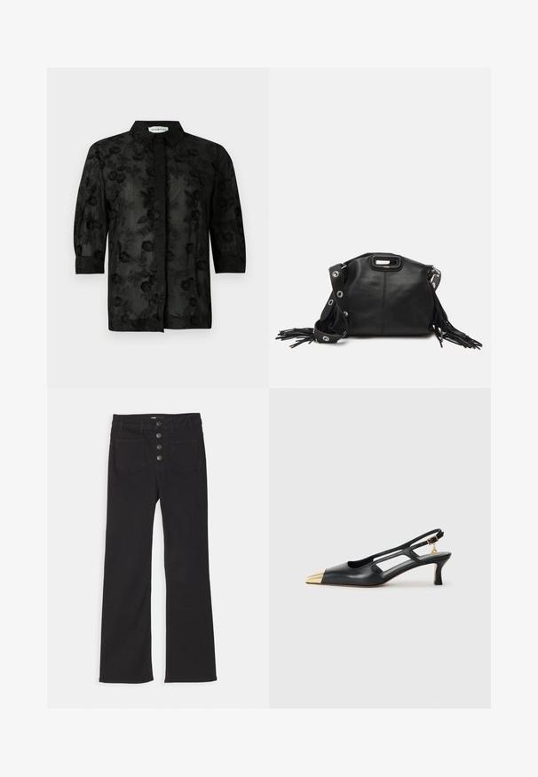 Svart skjorte med blomsterbroderi, lange ermer og krage. Gjennomsiktig stoff med teksturert overflate og intrikat detaljering.; Svarte denim jeans med utsvingt ben, høy midje, fem lommedesign og frontlukking med fire metallknapper.; Svarte skinn slingback-sko med spiss tå og gullmetallhette. Har utskjæringsdesign og en slank hæl med justerbar stropp.; Maje MISS MINI - Skulderveske - noir