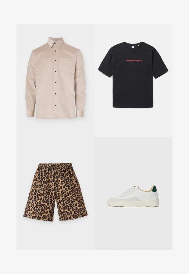 Beige kordfløyelskjorte med knapp-ned krage, har to frontlommer og svarte knapper. Myk tekstur og klassisk design.; Svart bomulls t-skjorte med korte ermer, med rød tekst "HUNTING FOR LOVE" brodert over brystet. Enkel og avslappet passform.; Brune shorts med et svart leopardmønster, med en elastisk midje. Stoffet ser glatt ut, med et avslappet, bredt ben-design.; Hvit sneakers med semsket detaljer, rund tå, flate snøringer og en kremfarget gummisåle. Har grønn merking på hælen.