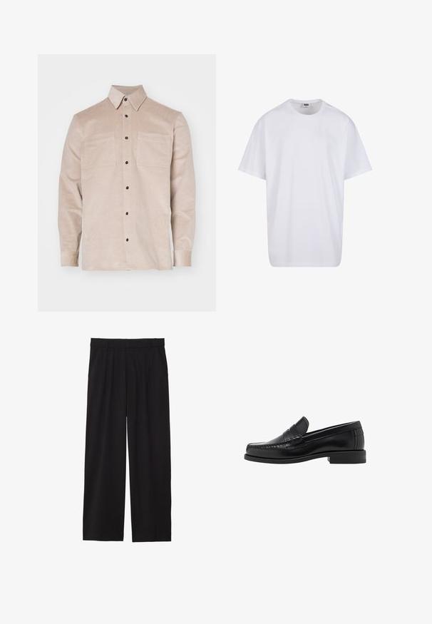Beige corduroy overhemd met knoopsluiting en twee voorzakken, voorzien van zwarte knopen. Zachte textuur en klassiek ontwerp.; Witte katoenen t-shirt met korte mouwen, ronde hals, relaxte pasvorm en zonder zichtbare logo's of patronen. Gladde textuur en minimalistisch ontwerp.; Zwarte wijde broek met geplooide voorkant, zijzakken en een gladde stoftextuur. Ontworpen voor een ontspannen pasvorm.; Zwarte leren instappers met een gladde afwerking, gestikte details op de neus en een lage hakontwerp voor comfort en stijl.