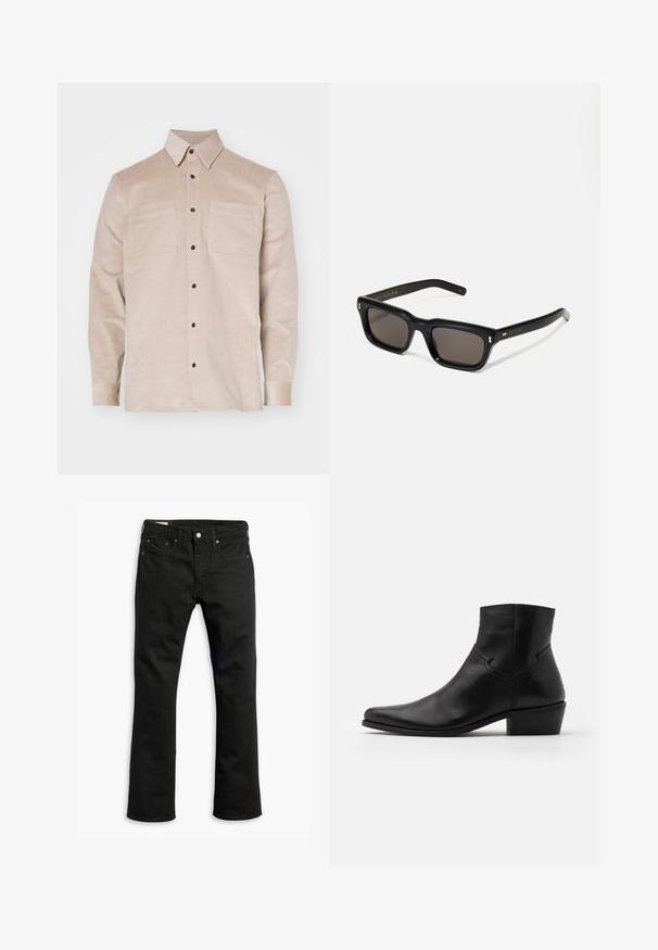 Camicia in corduroy beige con colletto a bottoni, dotata di due tasche frontali e bottoni neri. Texture morbida e design classico.; Jeans in denim nero con design a gamba dritta, cinque tasche, chiusura con bottone metallico e dettagli di cucitura sottili. Tessuto liscio e colore solido.; Stivaletto in pelle nera con punte affusolate, dettagli di cucitura minimi, tacco a blocco di altezza media e finitura liscia e lucida.; Occhiali da sole neri rettangolari con lenti scure, montatura spessa in plastica, dettagli dorati sulle tempie e logo del marchio inciso sull'asta.