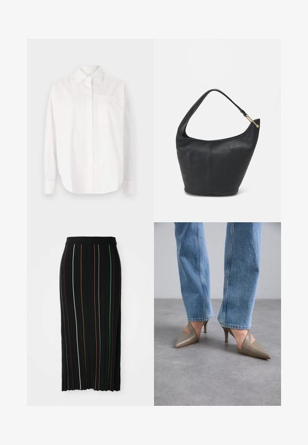 Λευκό πουκάμισο με μακρύ μανίκι φτιαγμένο από βαμβάκι. Διαθέτει γιακά με κουμπιά, μπροστινή τσέπη και ίσια γραμμή με κλείσιμο κουμπιού.; Μαύρη πλισέ φούστα με κατακόρυφες ρίγες σε κίτρινο, πορτοκαλί, κόκκινο, πράσινο και λευκό. Περιλαμβάνει έναν στενό ζωνάκι και μια ελαφρώς ανισόπεδη βάση.; Γκρίζες γωνιαστές γόβες με σχέδιο σε V, με λεπτό τακούνι στιλέτο. Φοριούνται με ανοιχτό μπλε τζιν ίσιας γραμμής.; Μαύρη δερμάτινη τσάντα χεριού με στρογγυλό σχήμα, φαρδύ λουρί και υφή. Διαθέτει λεπτομέρεια από διακριτή ραφή και αξεσουάρ σε χρυσό τόνο.