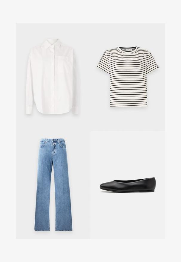 Witte langsmouwige shirt van katoen. Heeft een button-down kraag, een borstzak en een rechte snit met een knoopsluiting.; Katoenen T-shirt met korte mouwen en een ronde hals, met zwarte verticale strepen op een witte achtergrond en een rechte snit.; Lichtblauwe denim jeans met een wijde pasvorm, vijf zakken, lussen voor een riem en een knoopsluiting. De stof heeft een gladde textuur.; Paul Smith TOPANGA - Ballerina's - black