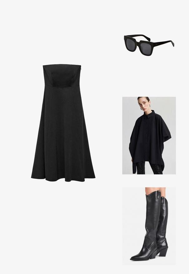 Sort oversized button-up skjorte med klassisk krave, brede ærmer og en glat tekstur, parret med sorte leggins med paljetter.; Sort strampegulvsklædning uden stropper med en tætsiddende bodice og en udvidende, gulvlængde nederdel. Lavet af glat stof uden synlige mønstre eller detaljer.; Sorte læder støvler til knæene med spids tå, buet skaft og kraftig hæl. Har en glat tekstur og trækflapper øverst.; Sorte rektangulære solbriller med tykke plastiskrammer og mørke linser. Bøjlerne er slanke med en blank finish og minimal branding.; Sort læderhåndtaske med et buet design, guldfarvet hardware og en øverste håndtag. Har en strømlinet lukning og en glat tekstur.