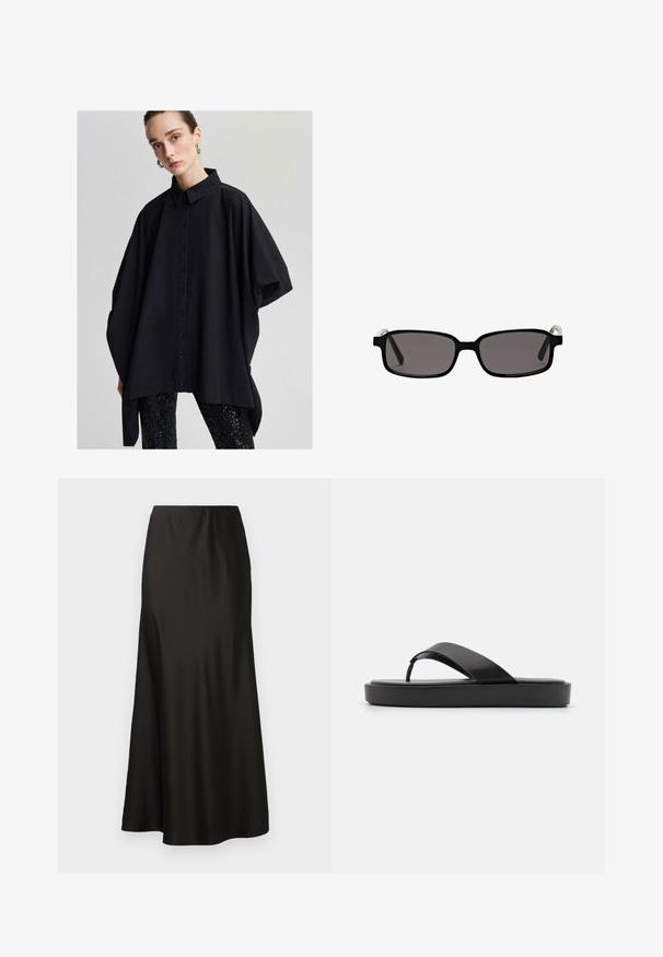 Czarna, oversize koszula zapinana na guziki z klasycznym kołnierzykiem, szerokimi rękawami i gładką fakturą, w połączeniu z cekinowymi czarnymi legginsami.; Czarna satynowa spódnica maxi o gładkiej fakturze, z wysokim stanem i rozszerzanym dołem. Charakteryzuje się prostym wzornictwem, bez widocznych wzorów czy elementów metalowych.; Czarne klapki z gładką górną paskiem i textured platformą. Minimalistyczny design z niskoprofilową sylwetką.; Czarne prostokątne okulary przeciwsłoneczne z szarymi soczewkami, plastikowa oprawka i metalowe akcenty na zausznikach. Gładka tekstura i minimalistyczny design.; Czarna pleciona torba na ramię z dwoma uchwytami. Miękka tekstura, luźny fason i duży, zaokrąglony kształt. Brak widocznych elementów metalowych lub akcentów.