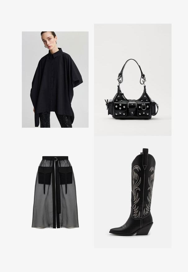 Sort oversized button-up skjorte med klassisk krave, brede ærmer og en glat tekstur, parret med sorte leggins med paljetter.; Sort gennemsigtig nederdel med en rynket talje, der har to store forlommer, et taljebånd og en cirkulær metaldetalje.; Sorte læder cowboystøvler med spidse tæer, kilehæle og sølv broderede blomster mønstre langs skaftet. Kontrast syning overalt.; Sort læderhåndtaske med et buet design, prydet med sølvfarvede nitter, en spænde og to sidelommer. Justerbar rem til forskellige bære muligheder.