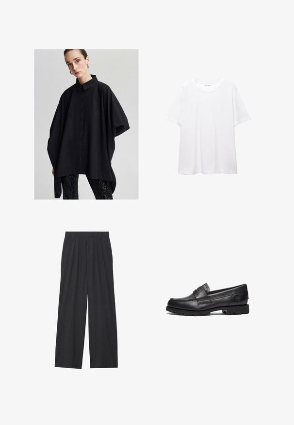 Musta ylisuuri nappikauluspaida, jossa on klassinen kaulus, leveät hihat ja sileä pinta, yhdistettynä säihkeisiin mustiin legginsseihin.; Valkoinen t-paita, joka on valmistettu puuvillasta, pyöreällä pääntiellä, lyhyillä hihoilla ja rentona istuvuutena. Suora pinta ilman kuvioita tai koristeluita.; Suorat lahkeet valmistettu tummanharmaasta kankaasta. Ominaisuuksiin kuuluu laskokset vyötäröllä, muotoilu on siisti ja siluetti suora.; Timberland Loaferit/pistokkaat - black