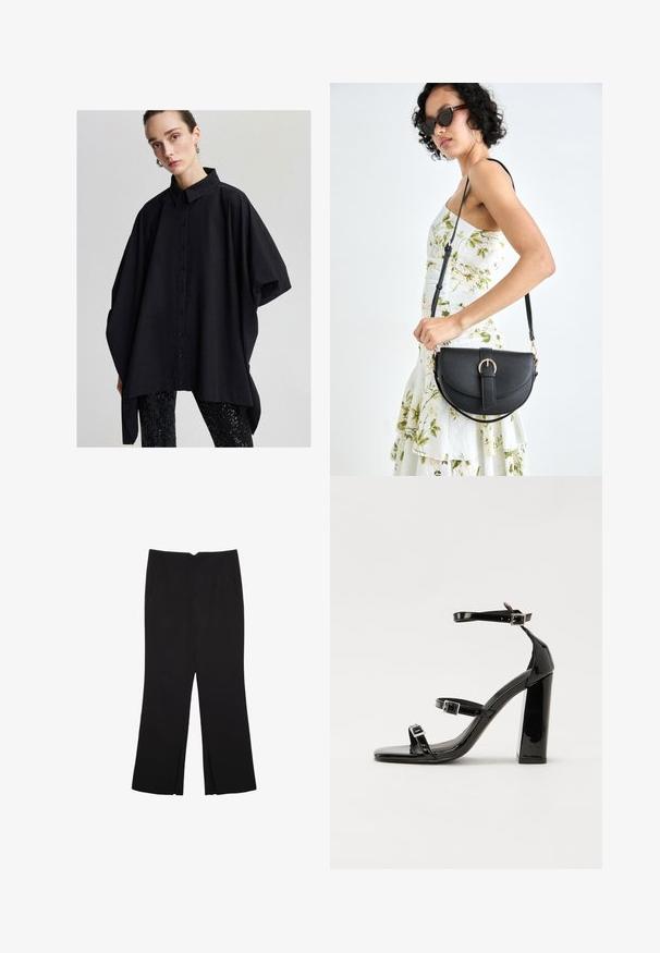 Camicia nera oversize con bottoni, colletto classico, maniche larghe e una texture liscia, abbinata a leggings neri con paillettes.; Pantaloni neri a gamba dritta, con tasche frontali e spacchi laterali all'orlo. Realizzati in tessuto morbido e liscio. Adatti a diverse occasioni.; Sandali con tacco in vernice nera, con punta squadrata, cinturini alla caviglia e fibbie in argento. Presentano un tacco a blocco spesso per maggiore stabilità.; Borsa a tracolla nera in pelle con una forma curva, manico rimovibile e accessori dorati. La borsa presenta una patta con un dettaglio a fibbia.