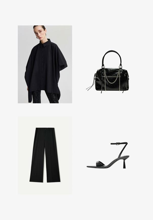 Fekete, oversized gombos ing klasszikus gallérral, széles ujjakkal és sima felülettel, csillogó fekete leggingsekkel párosítva.; Bershka WIDE - Nadrágok - black; Bershka Magas sarkú szandálok - black; Bershka WITH CHAIN - Kézitáska - black