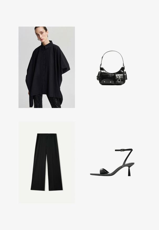 Black oversized button-up shirt with a classic collar, wide sleeves, and a smooth texture, paired with sequined black leggings.; Bershka WIDE - Trousers - black; Bershka High heeled sandals - black; Black patent leather handbag with a curved shape, one shoulder strap, front pockets, and silver-tone hardware accents.