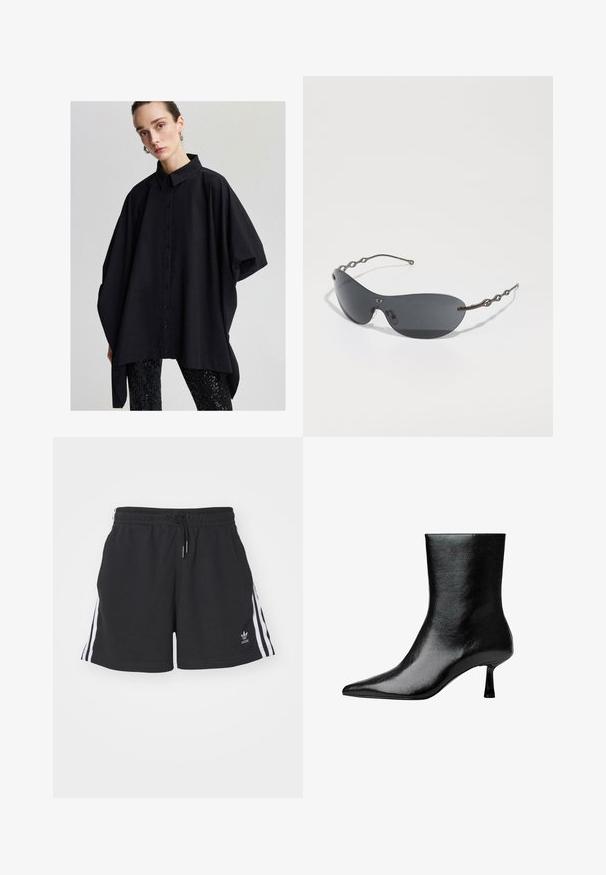 Crna oversized košulja s dugim rukavima i klasičnim ovratnikom, širokim rukavima i glatkom teksturom, u kombinaciji sa crnim tajicama s perlama.; Crne sportske kratke hlače od pamučne mješavine, s bijelim bočnim prugama, elastičnim pojasom s vezicom i malim logotipom na rubu.; Crne gležnjače od sjajne kože s šiljastim vrhom i tankom petom, s glatkom teksturom i minimalističkim dizajnom.; Naočale sa tamnosivim staklima, elegantnog zakrivljenog oblika i karakterističnim talasastim metalnim nogicama. Površina je glatka sa suptilnim mat finišem.