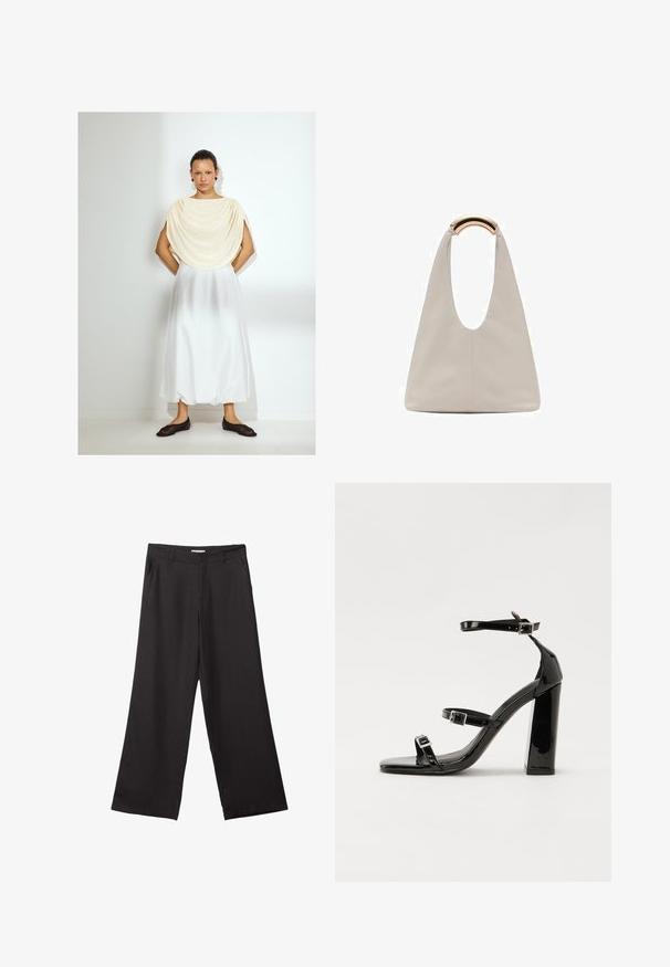 Leicht drapiertes Creme-Oberteil, weiße fließende Rock und dunkle Slipper. Glatte Stofftexturen, schlichtes Design, knielang. Minimalistischer Stil.; Schwarze weite Hosen aus glattem Stoff, mit einem Reißverschluss vorne und zwei seitlichen Taschen, maßgeschneiderter Passform und minimalistischem Design.; Schwarze patentierte Sandalen mit Absatz, quadratischer Spitze, Knöchelriemen und silbernen Schnallen. Mit einem stabilen Blockabsatz für mehr Stabilität.; Hellgraue Lederhandtasche mit einem U-förmigen Design und einem geschwungenen, metallischen Griff. Glatte Textur mit minimalen Nähten und ohne sichtbare Muster.