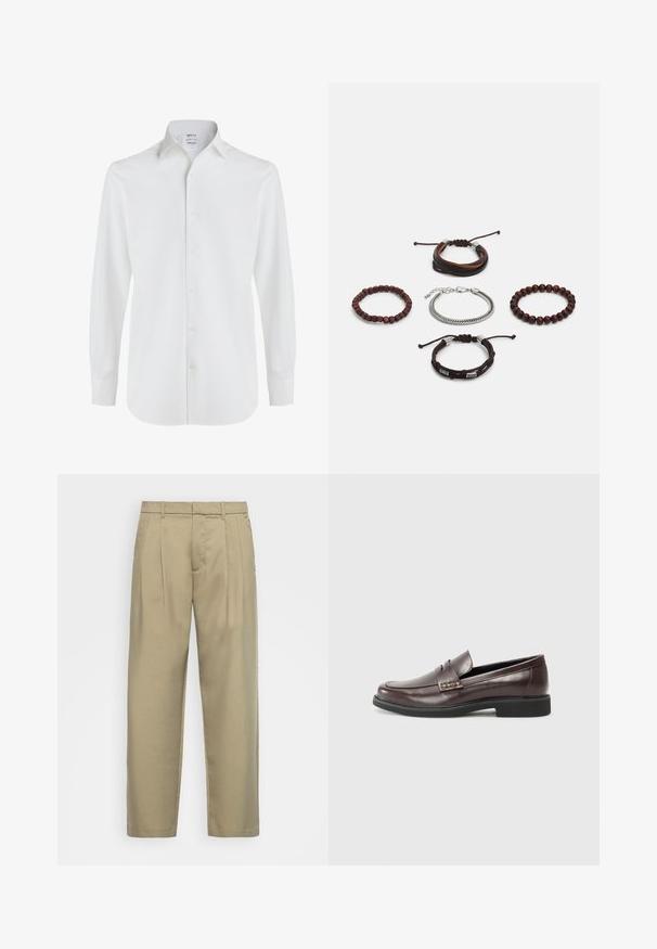 Biela košeľa s dlhým rukávom vyrobená z hladkej bavlny, s klasickým golierom, predným zapínaním na gombíky a zaobleným lemom s gombíkovými manžetami.; Béžové, vysoké nohavice s rovnými nohavicami, s plochým predným dielom, bočnými vreckami a hladkým, textúrovaným materiálom.; Hnedé kožené mokasíny s hladkým povrchom, so subtilným prešitím na hornom diele a čiernou gumovou podrážkou.; Sada piatich náramkov pozostáva z hnedého pútka, drevených korálok a strieborného reťazca; rôzne textúry a tvary, s nastaviteľným uzáverom.