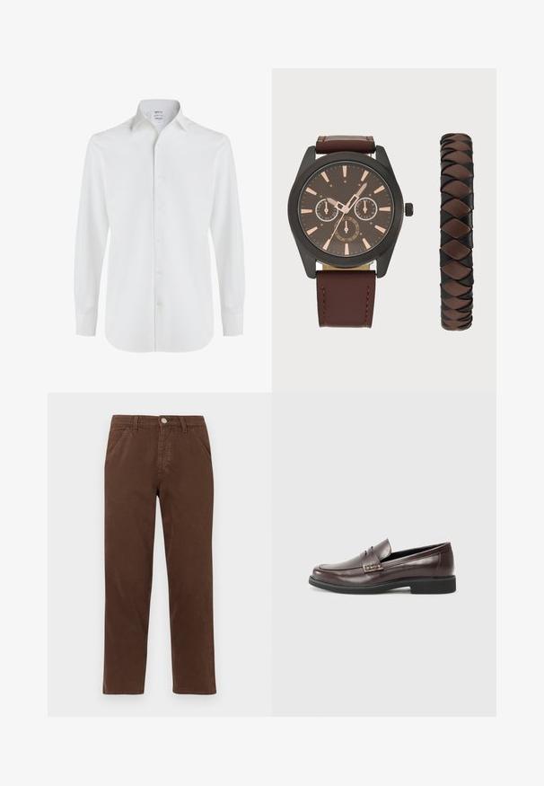 Bílá košile s dlouhým rukávem vyrobená z hladké bavlny, s klasickým límečkem, předním zapínáním na knoflíky a zaobleným lemem s knoflíkovými manžetami.; Hnědé bavlněné kalhoty s rovnými nohavicemi, předními kapsami a kovovým zapínáním. Vynikají hladkým texturem a minimalistickým designem.; Hnědé kožené mokasíny s hladkým povrchem, které mají jemný prošitý detail na svršku a černou gumovou podrážku.; Pier One SET - Hodinky - black/brown
