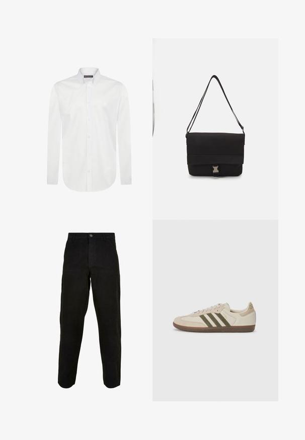 Bílá dlouhá košile s rukávy vyrobená z hladkého bavlněného materiálu, s límečkem na knoflíky, předním zapínáním a malým logem vyšitým na hrudi.; Černé bavlněné kalhoty s rovnýma nohama, se zapínáním na knoflík vpředu a postranními kapsami. Hladký povrch, bez viditelných vzorů.; adidas Originals SAMBA OG UNISEX - Tenisky - alumina/medium dark khaki/gum; Černá messenger taška vyrobená z hladkého materiálu, s překlopným víkem, stříbrnými sponkami a nastavitelným ramenním popruhem.