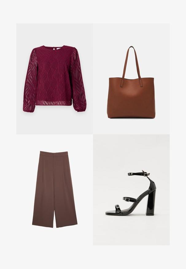 Burgunderfarbene Bluse mit durchsichtigen langen Ärmeln, die ein blättriges Muster mit bestickten Details und einen runden Ausschnitt mit einer Türverschlussöffnung am Rücken aufweist.; Braune Weite-Leg-Hosen mit einer glatten Textur, hoher Taille und Vorderfalten. Der Stoff ist leicht und fällt locker.; Schwarze patentierte Sandalen mit Absatz, quadratischer Spitze, Knöchelriemen und silbernen Schnallen. Mit einem stabilen Blockabsatz für mehr Stabilität.; Braune Leder-Tote mit glatter Textur, offenem Oberteil und zwei Schulterriemen. Verfügt über minimale Nähte und keine sichtbaren Beschläge.