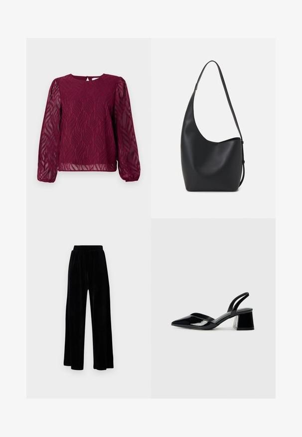 Burgunderbluse med gjennomskinnelige lange ermer, med et bladmønster i broderidetaljer og rund halslinje med nøkkelhullslukking bak.; Sorte vide bukser laget av myk vernet, med elastisk midjebånd og en jevn tekstur, uten synlige detaljer eller mønstre.; Svarte patentlær slingback hæler med spiss tå og geometrisk blokk hæl. Har et stilrent, minimalistisk design og jevn tekstur.; Svart lær hobo-veske med glatt tekstur, buet form og enkelt justerbart stropp; har en bred åpning på toppen.
