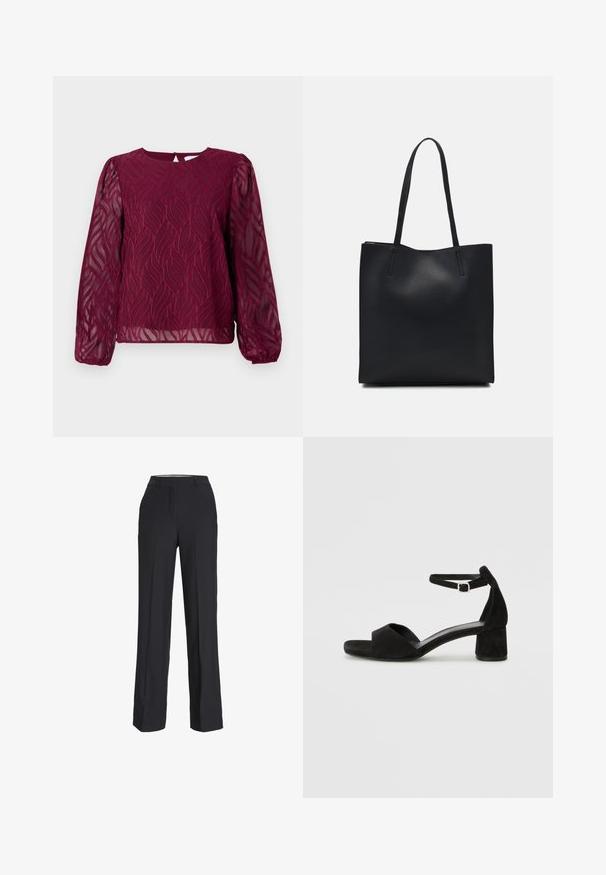 Burgundy blouse with sheer long sleeves, featuring a leaf pattern in embroidered detail and a round neckline with a keyhole back closure.; Black, high-waisted trousers with a straight-leg fit. Made from a smooth fabric, featuring front pleats and side pockets.; Black suede heeled sandals with a thin ankle strap, open toe design, and a modest block heel. Smooth texture and minimal accents.; Black leather tote bag with smooth texture, rectangular shape, and two long handles. No visible hardware or embellishments.