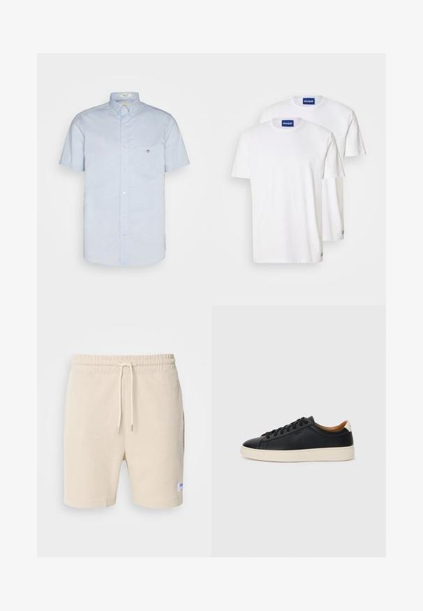 Cămașă scurtă, de culoare albastru deschis, cu guler cu buton, având un buzunar pe pieptul stâng și un detaliu mic cu logo. Construită dintr-un material neted.; Tricouri albe din bumbac, cu guler rotund și mâneci scurte, etichetate cu inscripții albastre "HUGO" pe guler și mici accente pe tiv.; Pantaloni scurți de culoare crem, confecționați dintr-un material texturat. Prezintă un cordon elastic la talie și buzunare laterale. Etichetă mică pe margine.; Căști din piele neagră cu o textură netedă, talpă din cauciuc bej, design cu șireturi și un accent contrastant la călcâi.