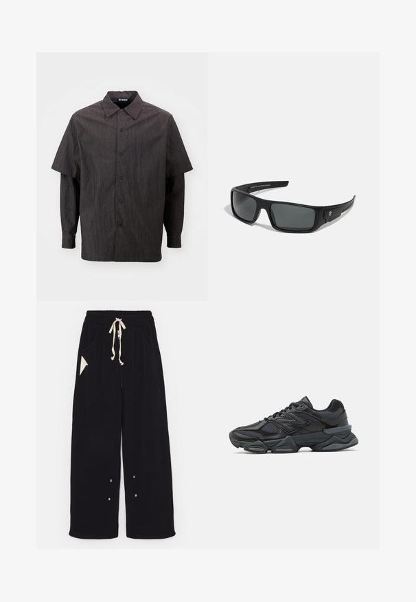 Han Kjøbenhavn - Koszula; Czarny T-shirt z krótkim rękawem wykonany z bawełny, z okrągłym dekoltem i luźnym krojem. Gładka faktura z minimalnymi detalami przeszycia.; Czarne spodnie w szerokim kroju wykonane z miękkiej tkaniny, z elastycznym pasem na sznurek, bocznymi kieszeniami oraz trójkątną kieszonką akcentującą. Zawierają elementy ze srebrnego metalowego wykończenia.; Czarne buty biegowe z mieszanką siateczki i materiałów syntetycznych, masywną podeszwą, opływowym kształtem oraz wyraźnym brandingiem z boku.; Czarne okulary przeciwsłoneczne o prostokątnym kształcie, ciemnoszare soczewki i gładkie plastikowe wykończenie. Zauważalny akcent z logo po stronie.