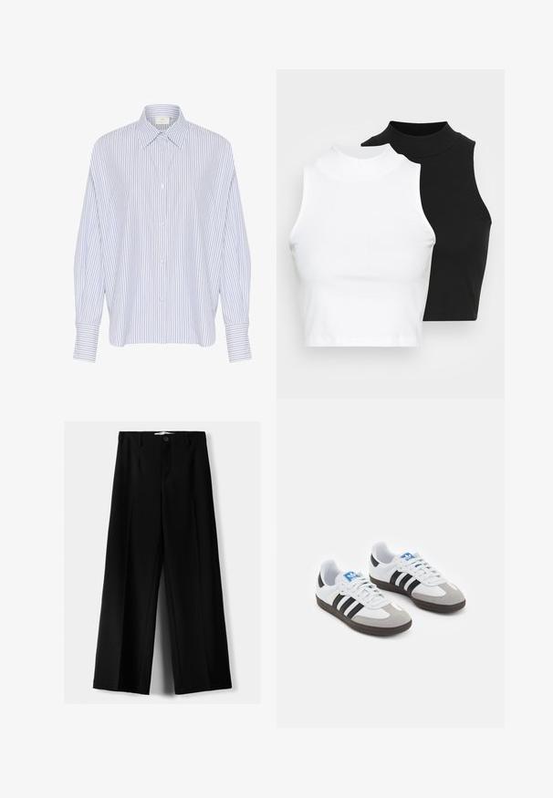 Lichtblauw en wit gestreept overhemd met lange mouwen en knopen, met een kraag, een relaxte pasvorm en manchet mouwen. Eenvoudige knopen zijn zichtbaar.; Twee mouwloze ribgebreide coltruien in zwart en wit, met een slim fit ontwerp en een gladde textuur, met een cropped lengte.; Zwarte wijde broek van lichtgewicht stof, met een knoopsluiting aan de voorkant en een vlakke achterkant, afgewerkt met keurig gestikte zoom.; Sportschoenen met een witte leren bovenkant, grijze suède neus en drie zwarte strepen. Bevat een blauw logo op de tong en een gestructureerde rubberen zool.