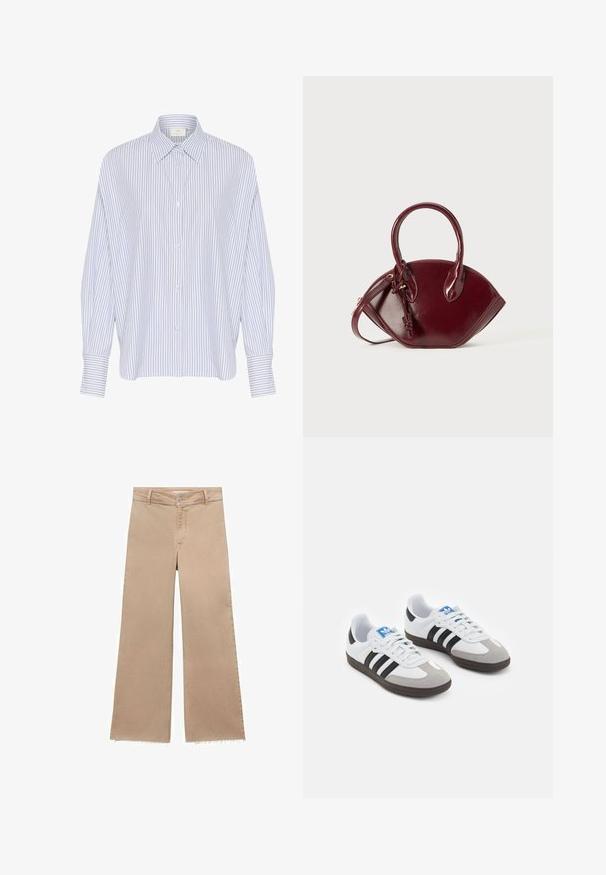 Hellblau-weiß gestreifte Langarm-Bluse mit Kragen, in lockerer Passform und mit umgeschlagenen Ärmeln. Einfache Knöpfe sind sichtbar.; Beige Schlagjeans mit fransigem Saum, aus Baumwolle gefertigt. Mit einem Knopfverschluss und Gürtelschlaufen, bieten sie eine lockere Passform und lässigen Stil.; Sportschuhe mit einem Obermaterial aus weißem Leder, grauer Wildleder-Zehenkappe und drei schwarzen Streifen. Sie verfügen über ein blaues Logo auf der Zunge und eine strukturierte Gummisohle.; Burgunderfarbene Ledertasche mit runder Form, zwei kurzen Griffen, Reißverschluss und geknotetem Detail am Griff. Glatte Textur.