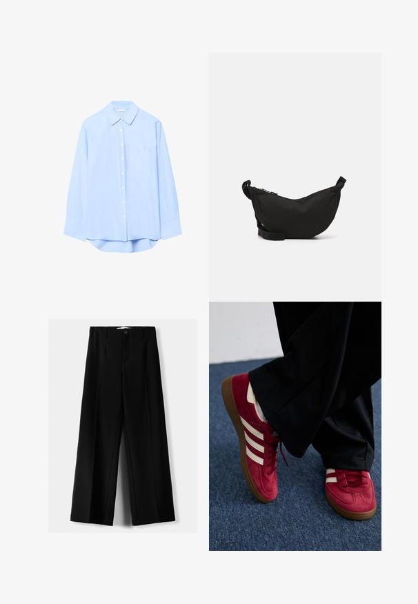 Svijetloplena košulja s dugim rukavima, ovratnikom, prednjim džepom i zaobljenim rubom. Izrađena od glatke tkanine s čvrstom teksturom.; Crne široke hlače izrađene od lagane tkanine, s prednjim zatvaranjem na dugme i ravnim prednjim dijelom, sa uredno šivenim rubovima.; Crvene nubuk tenisice s bijelim prugama, s vezivanjem i hrapavim smeškim gumiranim đonom. Nošene uz crne hlače, smještene na plavom tepihu.; Crni crossbody torba izrađena od tkanine, zakrivljenog oblika, s patentnim zatvaračem, podesivim remenom i malim bočnim džepom za dodatnu pohranu.