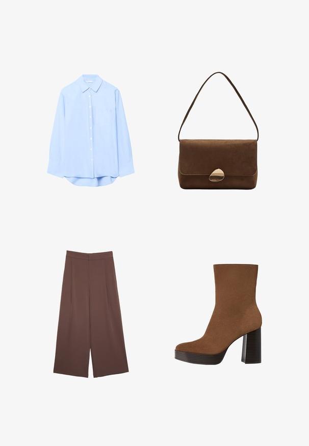 Camicia azzurro chiaro con maniche lunghe, colletto, tasca frontale e orlo arrotondato. Realizzata in tessuto morbido con una texture uniforme.; Pantaloni ampi marroni con una texture liscia, caratterizzati da una vita alta e pieghe frontali. Il tessuto è leggero e scorre liberamente.; Stivale alla caviglia in suede marrone con punta arrotondata, tacco spesso a strisce nere e superficie liscia. Caratterizzato da un design aderente senza hardware visibile.; Borsa a spalla in suede marrone con chiusura curva in oro e tracolla singola, forma rettangolare con chiusura a pattina.