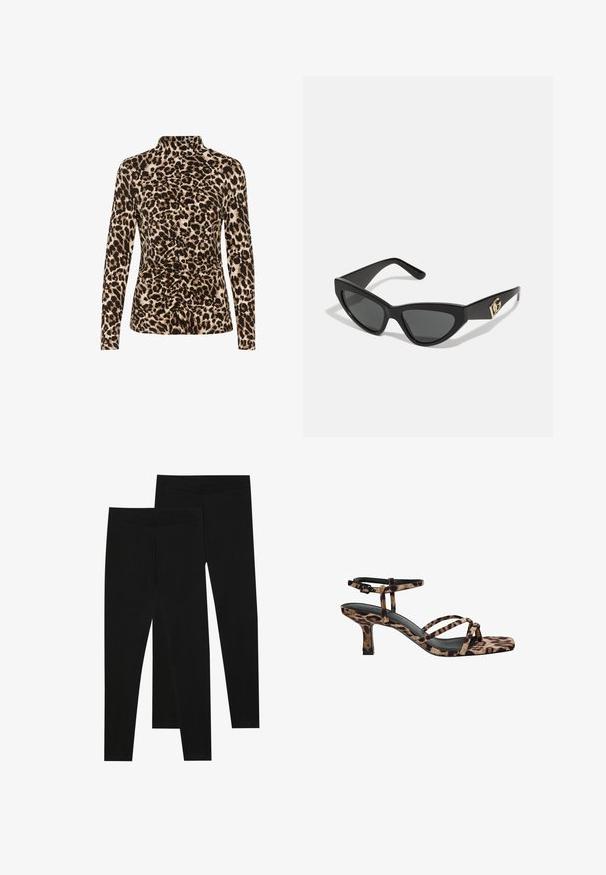 Pitkähihainen paita, jossa on korkea kaulus, leopardi-kuvio ruskeassa ja beigen sävyssä, edessä muotoiluja korostava kerrostus.; Mustat legginssit, jotka on valmistettu joustavasta kankaasta, joissa on saumaton vyötärö ja kapea malli, sopivat arkikäyttöön tai liikuntaan.; Naiskahva leopardikuosiset korkokengät, joissa on neliönmuotoinen kärki, useita remmejä ja keskipitkä korko. Valmistettu pehmeästä tekstiilimateriaalista.; Aurinkolasit kissansilmällä, joissa on matta musta muovikehys, tummat linssit ja kultainen logokiinnitys temppeleissä. Kulmikas muotoilu ja sileä pinta.; Ruskea nahkainen olkalaukku, jossa on logokuvio, kultaketjuolkaint, vetoketjukiinnitys ja kultaiset metalliosat. Kompakti ja suorakulmainen muoto.