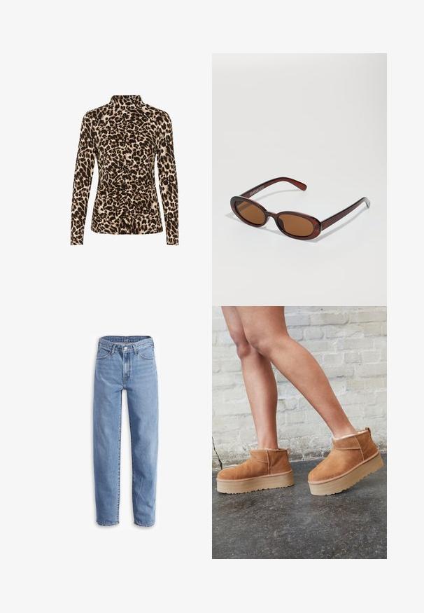 Hosszú ujjú felső, magas gallérral, barna és bézs árnyalatú leopárdmintával, elől gathered részletekkel, hogy formázza a sziluettet.; Világoskék, farmerből készült, laza szabású, egyenes lábú nadrág, öt zsebes dizájnnal és szaggatott szegélyekkel a sportos megjelenésért.; Barna velúr bokacsizma puha béléssel, vastag bézs platformtalppal és hátsó húzófüllel. Texturált felület látható varrási részletekkel.; Kerek, barna árnyalatú napszemüveg fényes burgundi kerettel. Karcsú karok diszkrét márkázással. Lapos lencse kialakítás.
