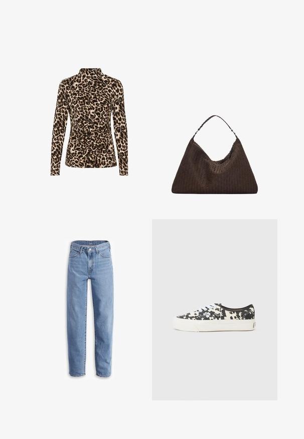 Langärmliges Oberteil mit hohem Kragen, Leopardenmuster in Braun- und Beigetönen, mit Raffung vorne für eine formende Passform.; Helle blaue Jeans aus Denim, mit entspannter Passform, geradem Bein, Fünf-Taschen-Design und ausgefransten Säumen für einen lässigen Look.; Schwarze und weiße Leinenschuhe mit einem Kuhfleckenmuster, weißen Schnürsenkeln und einer weißen Gummisohle. Mit einem Logokennzeichen an der Seite.; Braune, geflochtene Lederhandtasche mit einer lässigen, dreieckigen Form. Verfügt über einen geflochtenen Griff und einen Reißverschluss an der Oberseite.