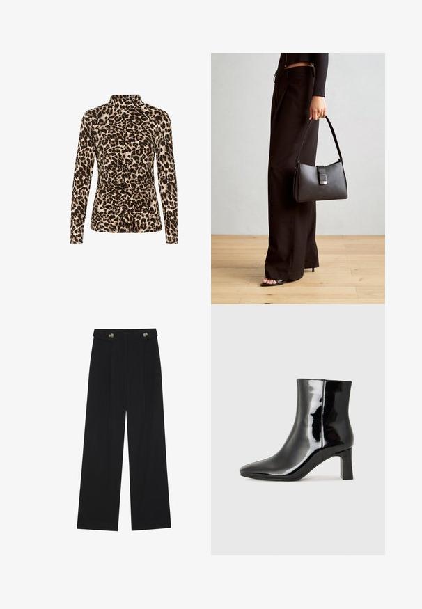 Pikemate varrukatega tipp, millel on kõrge krae, leopardimuster pruuni ja beeži tooni ning ees kogumisega detailid vormimise jaoks.; Mustad laiad püksid kõrge vöökoha ja nööpdetailidega vööandil, esikortsudega.; Must-sinine nahkjalats musta läikiva viimistlusega, millel on terav nina ja keskmise kõrgusega plokk konts. Sile tekstuur ja minimalistik disain.; Must musta kott, millel on struktureeritud kuju, sile tekstuur ja metallist klamber. Kombineeritud laiate mustade pükstega ja avatud varvaste sandaalidega puidust põrandal.