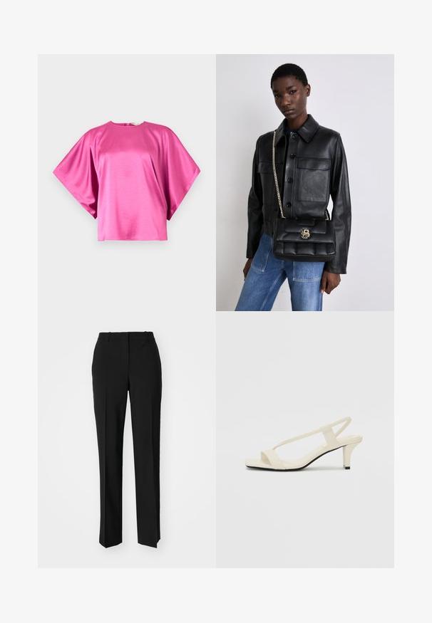 Krátky rukáv, jasne ružový top vyrobený zo saténu. Má široký, voľný strih s okrúhlym výstrihom a jemným zapínaním na zadnej strane. Hladká textúra.; Čierne krajčírské nohavice so strihom rovného nohu, s hladkou textúrou a ostrými skladmi pozdĺž prednej časti. Žiadne viditeľné hardvér.; Béžové sandále na blokovom podpätku s tenkými pásikmi a štvorcovou špičkou. Hladký materiál s minimálnym detailovaním, navrhnuté pre ľahké nosenie.; Čierna kožená bunda so zapínaním na gombík a dvoma prednými vreckami, skombinovaná s čiernou prešívanou kabelkou so zlatou sponou a reťazovým popruhom.